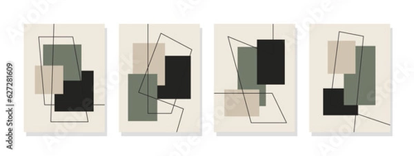 Fototapeta Abstract wall art gallery on a beige backdrop, featuring four captivating paintings with intricate designs and harmonious colors.
