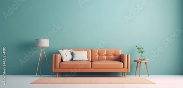 Fototapeta minimal design appartment, modern living-room, colourful furniture, perpendicular composition, center perspective, very detailed, photorealistic, photographic, couch