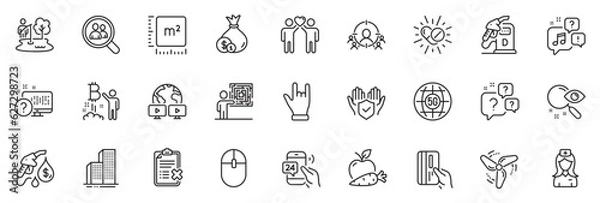 Fototapeta Icons pack as 5g internet, 24h service and Computer mouse line icons for app include Square meter, Apple carrot, Question bubbles outline thin icon web set. Petrol station. Vector