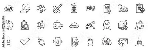 Fototapeta Icons pack as Baggage reclaim, Bitcoin and Night weather line icons for app include Fingerprint, Medical prescription, Voice assistant outline thin icon web set. Victory hand, Puzzle. Vector
