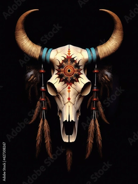 Obraz Bull skull with feathers native Americans tribal style.