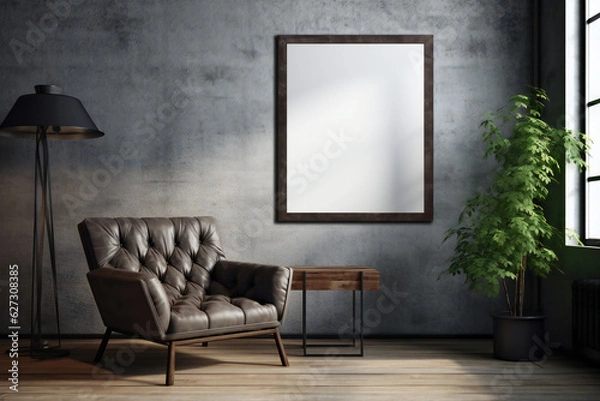Fototapeta Poster frame mockup in industrial style living room interior with leather armchair. Generative AI