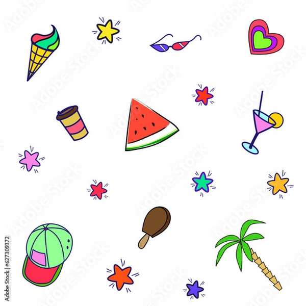 Obraz Summer pattern on a white background. Various colored objects.