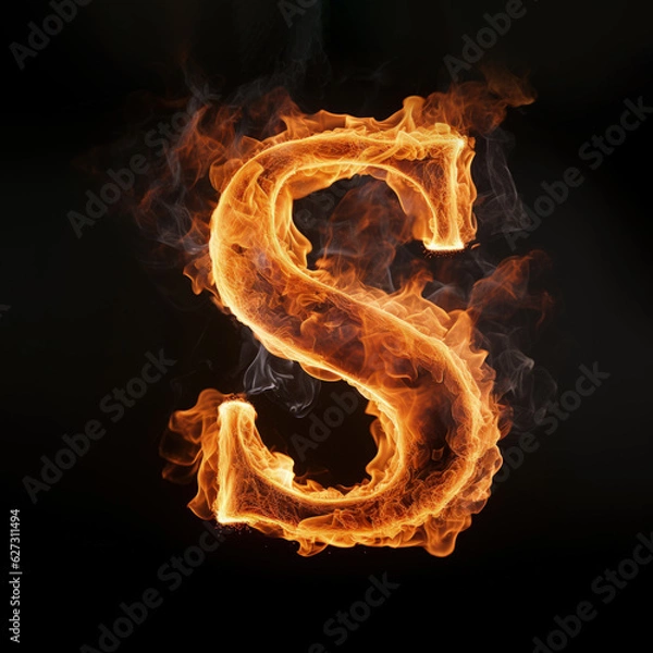 Fototapeta Capital letter S consisting of a flame. Burning letter S. Letter of fire flames alphabet on black background.