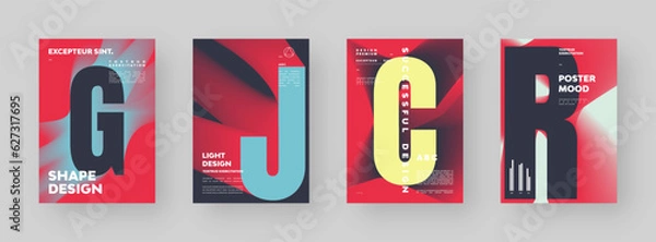 Obraz Poster design set. Vertical A4 format. Modern placard collection. Strict and discreet brochure. Colorful letter composition with abstract smoke effect.