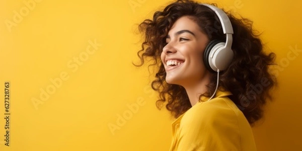 Fototapeta joyful woman with headset on yellow background, Generative AI