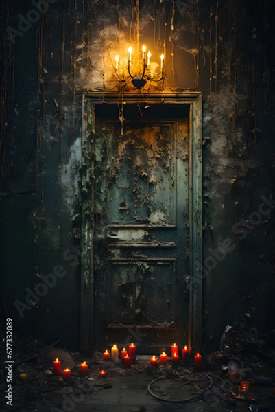 Obraz Haunted Nightmares: Unveiling the Terrors of a Creepy Haunted House Interior - Door, Creepy haunted house, Interior, Ominous atmosphere, Dimly lit rooms, Tattered furniture, Eerie artifacts
