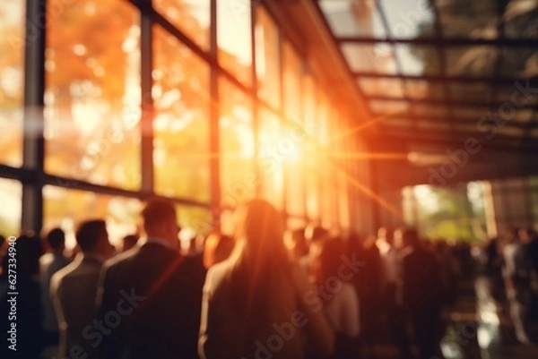Fototapeta Blurred business conference background. Lots of people in business suits. Sun glare. Blur, banner. AI generation