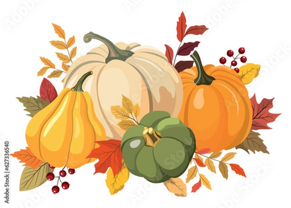 Obraz Colorful autumn pumpkins and forest leaves clipart. Isolated on white background. Seasonal design for greeting or poster.