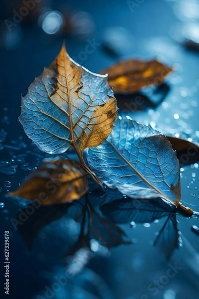 Fototapeta autumn leaves on water, Beautiful Light on Two Transparent Skeleton Leaves Macro, Resting on Wet Surface against a Blue Background in Nature.