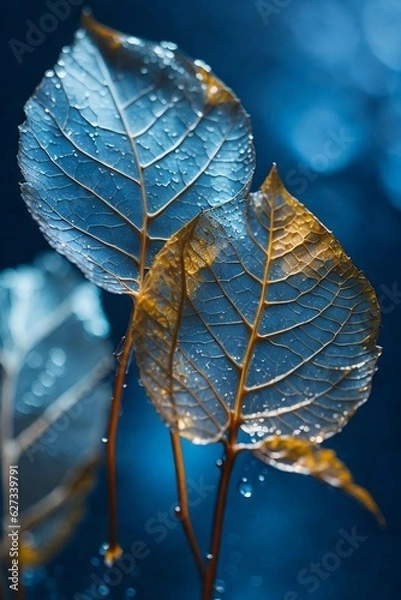 Fototapeta autumn leaves on the tree, Macro Shot of Two Transparent Skeleton Leaves on a Wet Surface Against a Beautiful Blue Nature Background with Gorgeous Lighting.