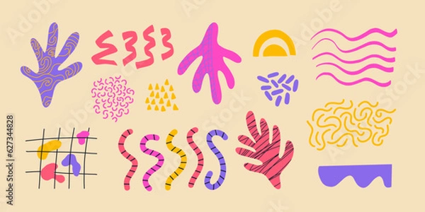 Fototapeta Groovy bundle with abstract shapes and spots. Modern texture shape and abstract exotic plant. Neon trippy poster. Vector illustration.