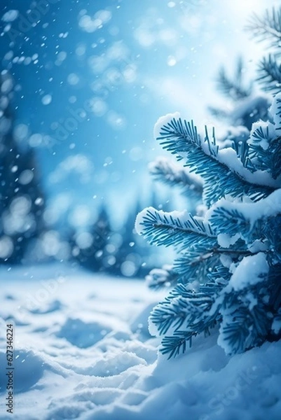 Fototapeta Winter Wonderland Christmas Scenic Background with Abundant Copy Space. Close-Up Snowy Landscape Showcasing Freshly Covered Spruce Branches, Glistening Snowdrifts, and Whirling Falling Snow in a Seren