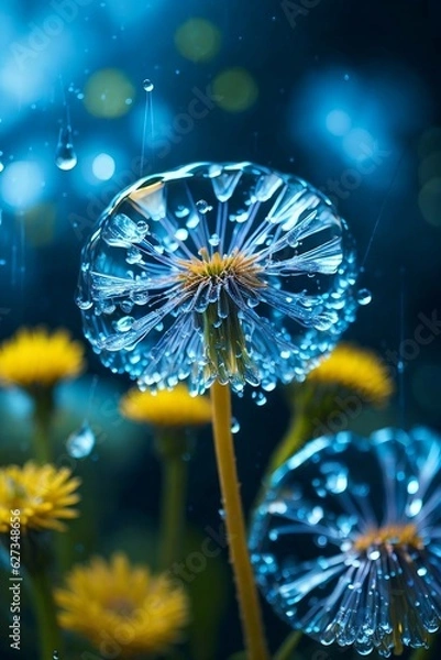 Fototapeta The Incredible Impact of Water Drops on a Dandelion Macro Flower, Ilustrator AI 