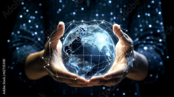 Fototapeta He holds a global network connection, connecting the world.