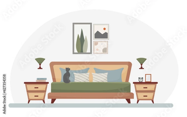 Fototapeta bedroom interior design, cozy home, flat style vector illustration, bed, bedside table, lamp, alarm clock, pillow 
