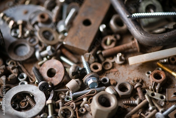 Fototapeta Bolts, cogs and other parts are in a mess in the garage, repair shop. Dad's day. Macrophotography.