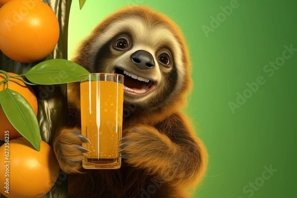 Fototapeta Happy Sloth Drinking a Fruit Orange Juice in the Jungle