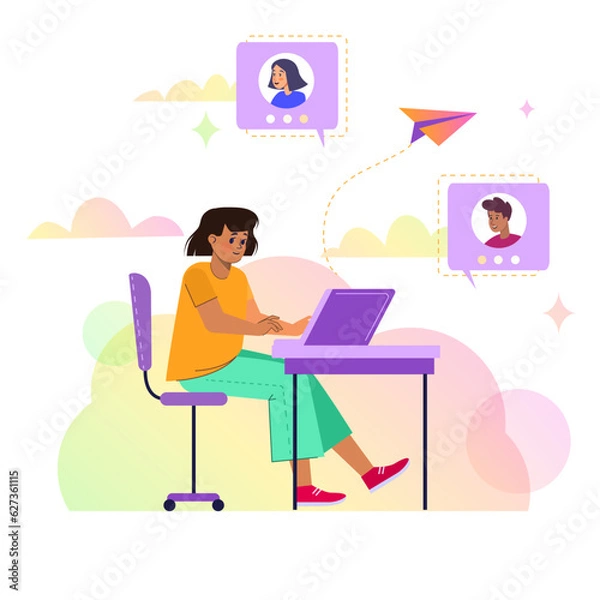 Fototapeta A freelance girl is working on a laptop. Workplace in the home office. Communication with colleagues. Communication via the Internet.