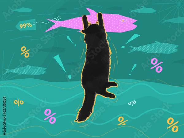 Fototapeta A bright banner with a black cat, bargain purchases and discounts. College with a cat and a shopping basket. Discounts are all around . Catch the benefit.