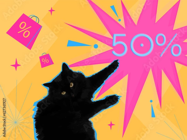 Fototapeta A bright banner with a black cat, sales and discounts. A collage in the style of pop art with a cat. Surreal art. Vector illustration.