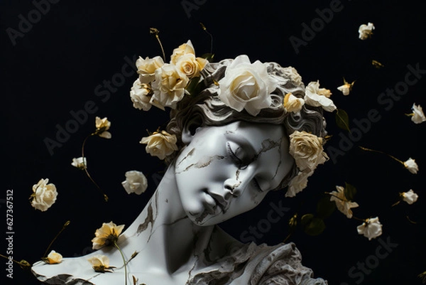 Obraz Female face white statue with roses generative ai