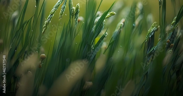 Fototapeta Raining background with green grass for natural banner