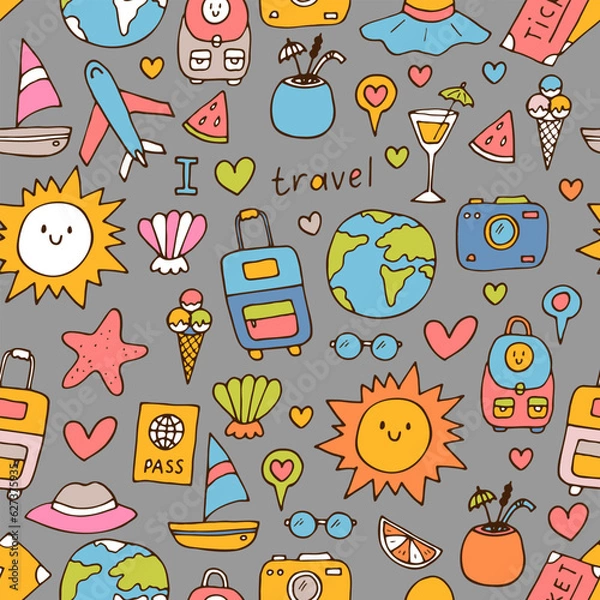 Obraz Hand drawn seamless pattern with travel icons. Summer vacation. Doodle, sketch. Traveling, holidays, relaxation