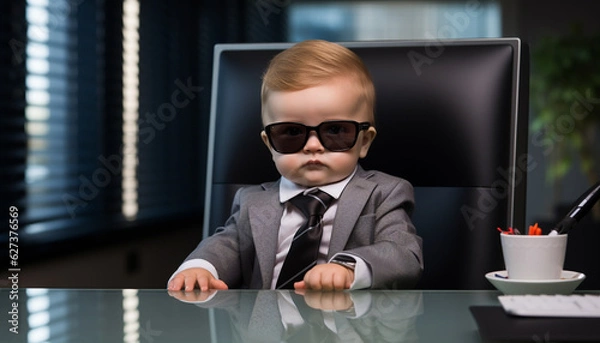 Obraz baby boss in business suit in office, made with Generative AI
