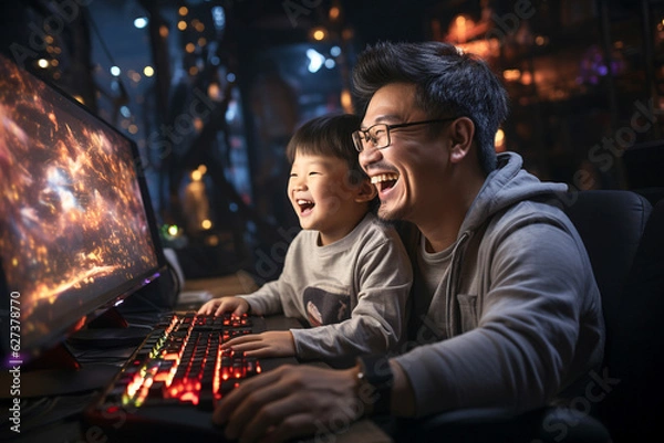 Fototapeta Joyful dad and son playing video games at home. Generative AI.