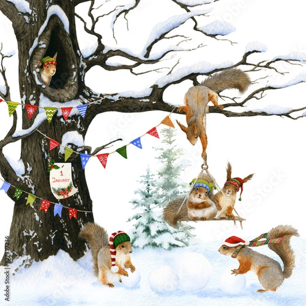Fototapeta Winter scene with funny anthropomorphic squirrels celebrating New Year in winter forest hand drawn in watercolor isolated on a white background. Watercolor Christmas illustration