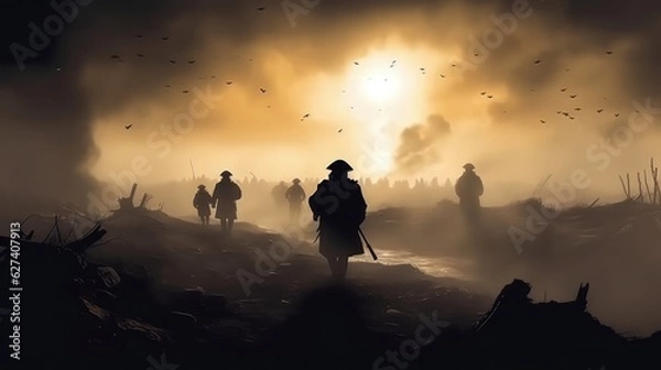 Fototapeta War Concept, Military man in uniform of World War II, Group of soldiers in action on war battle in jungle.