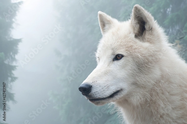 Fototapeta White wolf on the background of the mystical forest.