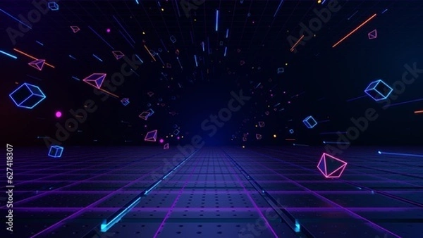 Fototapeta 3d technology abstract neon light background, empty space scene, spotlight, dark night, virtual reality, cyber futuristic sci-fi background, street floor studio for mock up. colored geometric.