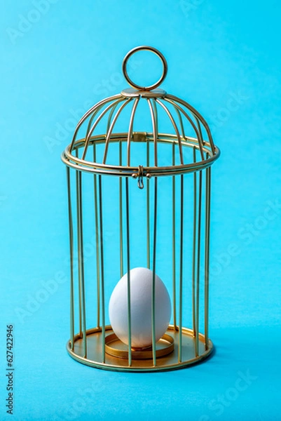 Fototapeta A cage with an egg inside on a blue background. The concept of slavery from birth. The concept of the future