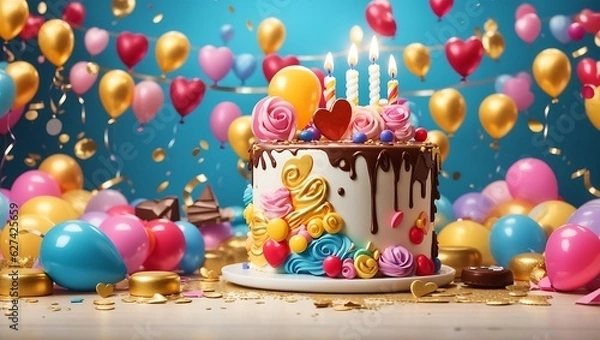 Fototapeta Happy birthday celebration with colorful balloons, candles, chocolate splash background design wallpaper generated by AI