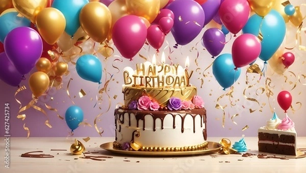 Fototapeta Happy birthday celebration with colorful balloons, candles, chocolate splash background design wallpaper generated by AI