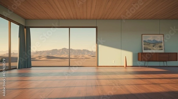 Fototapeta Empty room Mid Century Modern style morning light copy space, Generative AI