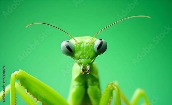 Fototapeta Creative Animal Concept. Mantis over pastel bright green background. Generative AI.