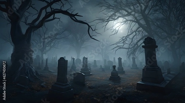Fototapeta cimetière de nuit sous la lumière de la lune, généré par IA
