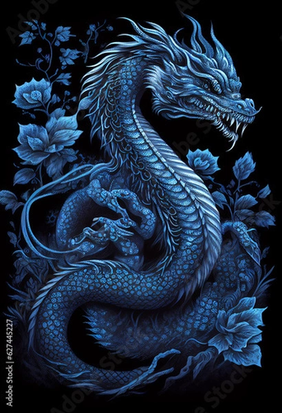Fototapeta Chinese blue dragon in the form of a mystical snake. AI Generated