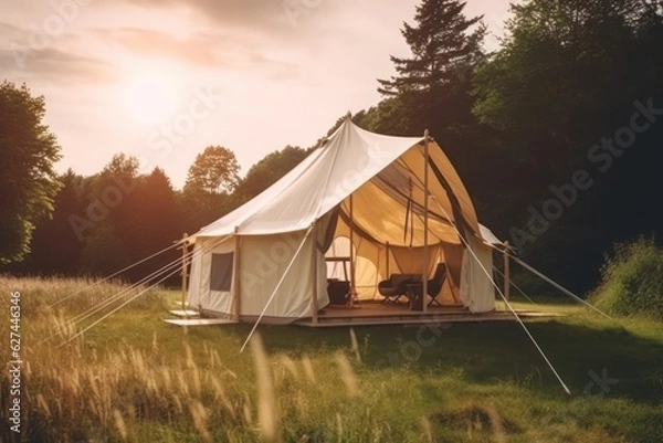 Fototapeta Glamping luxury tent in country side, day time camping generative ai
