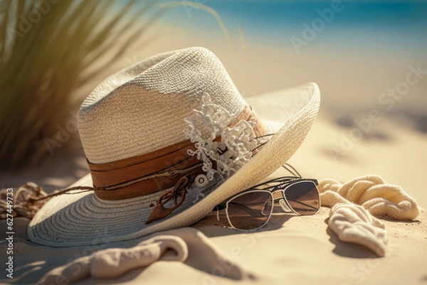 Fototapeta Straw hat and sunglasses in the sand on the sea shore in sunlight. Summer sea composition. Generative AI