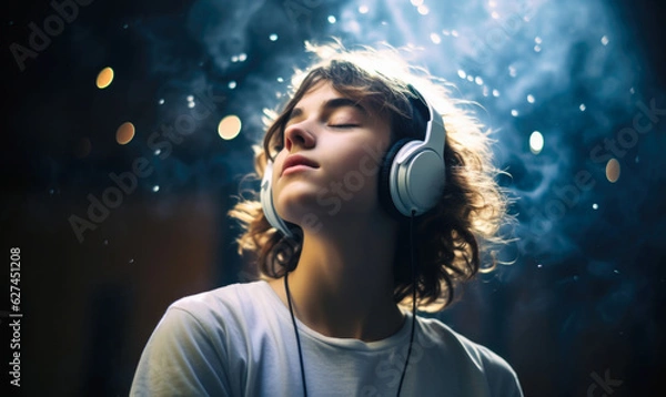 Fototapeta The teenager listens to music, hipster girl opts for using a smartphone to enjoy their favorite songs