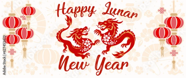 Fototapeta baner Happy Chinese new year 2024 year of the Chinese zodiac dragon with paper cut on colorful background