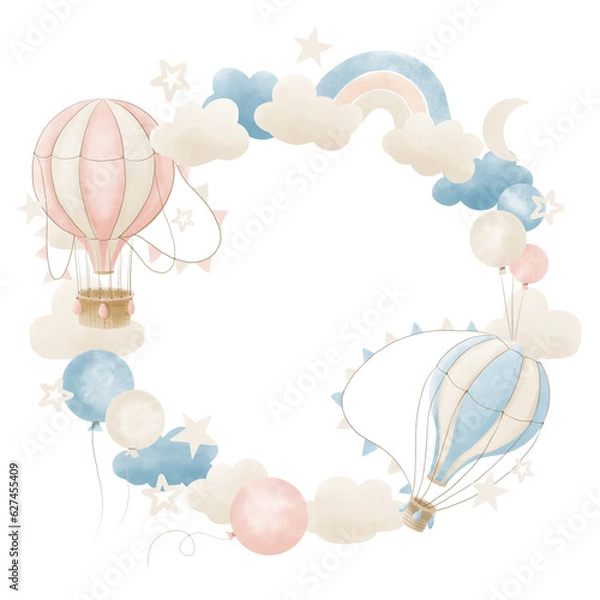 Fototapeta Wreath with hot Air Balloons in pastel colors. Hand drawn circular Frame with vintage aircrafts with clouds and stars for Baby shower greeting cards or kid invitations on white isolated background.