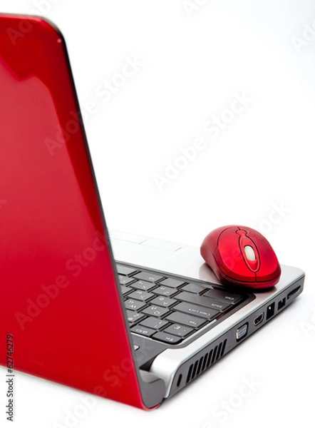 Fototapeta Red computer mouse and red notebook..