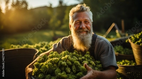 Fototapeta An elderly male farmer holds a crop of hops
