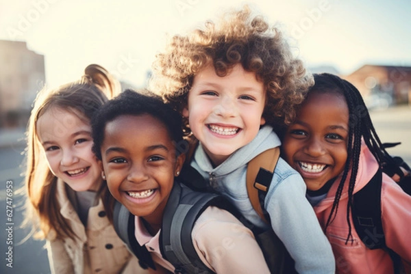 Obraz Portrait of a group of children going back to school . Child wearing a backpack ready for the first day of kindergarten