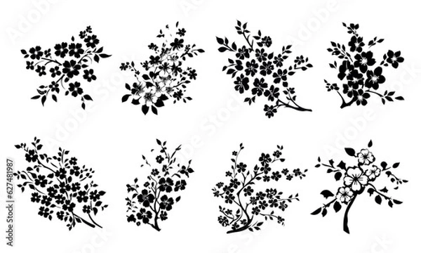 Fototapeta Sakura kwiaty na gałęziach z liśćmi, azjatycki ornament na szablon. Czarny zarys na przezroczystym tle z izolowanymi elementami. Zestaw wektorowy.